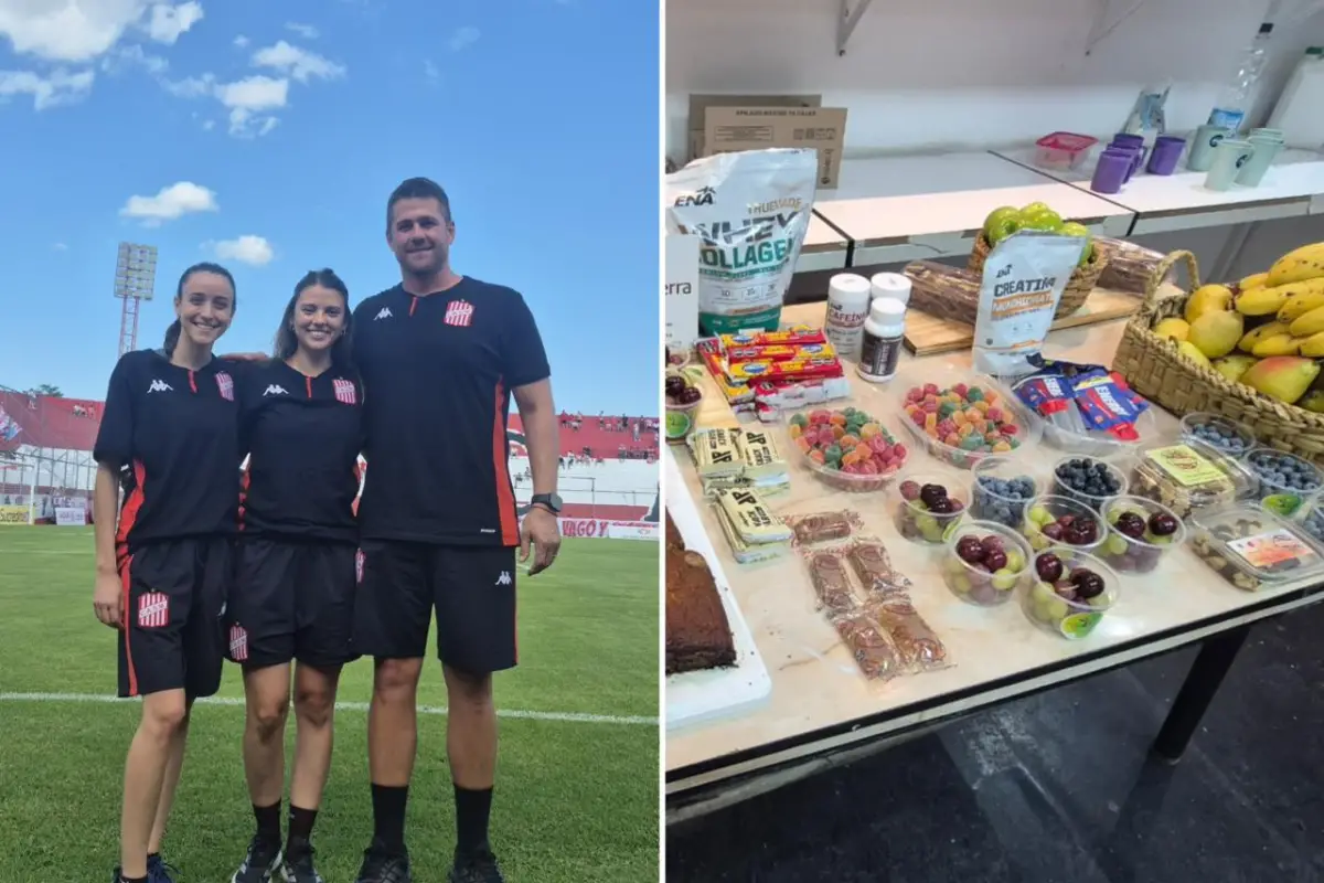 EQUIPO. Nicolás Ramos y sus colegas Valentina Martínez y Antonella Fonicielo lideran el área de nutrición de San Martín. A su lado, algunas de las comidas que forman parte del menú del plantel.