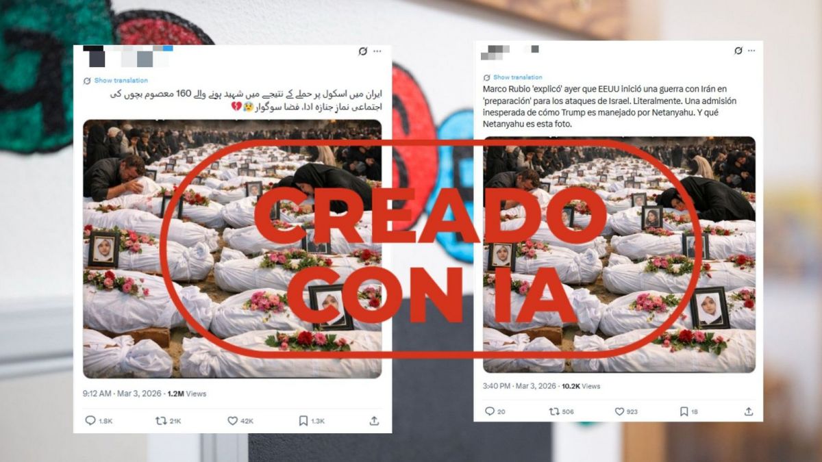 Mensajes que difunden una foto creada con IA como si fuera el funeral de las víctimas de la escuela de Minab VerificaRTVE/ Getty Images