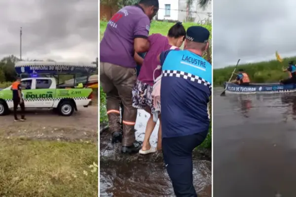 Policías y bomberos utilizan embarcaciones para llevar asistencia a las familias afectadas por las inundaciones en el este tucumano