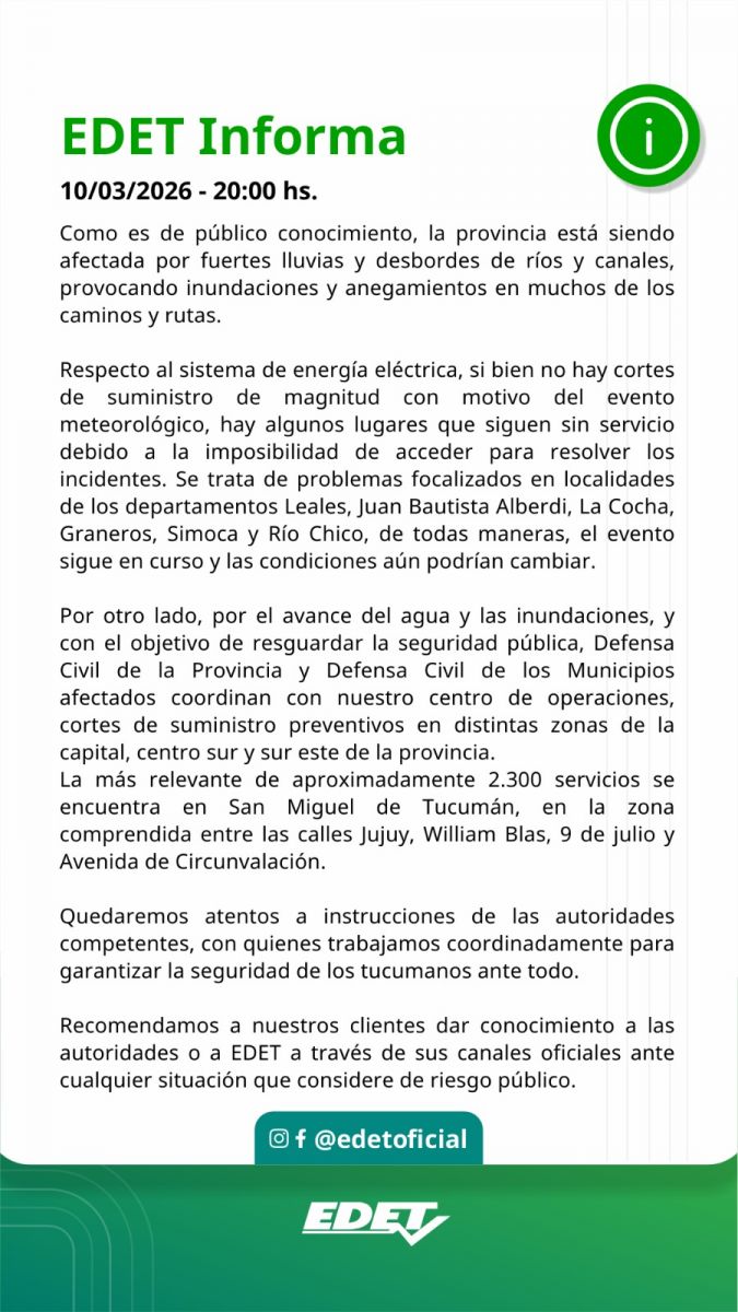 Temporal en Tucumán: aproximadamente 2.300 usuarios afectados por un corte de luz preventivo en la capital