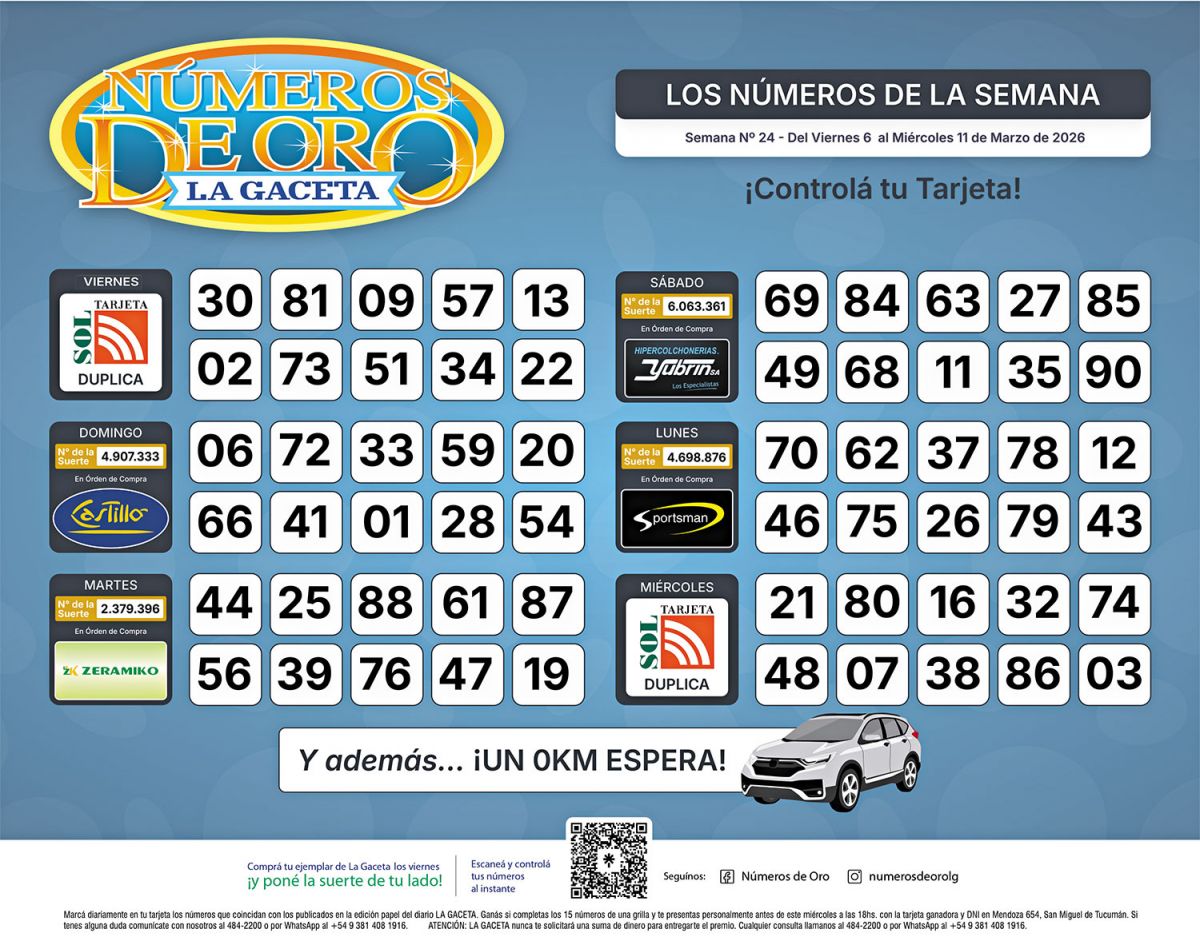 Esta es la grilla completa de los Números de Oro de LA GACETA del 11 de marzo de 2026