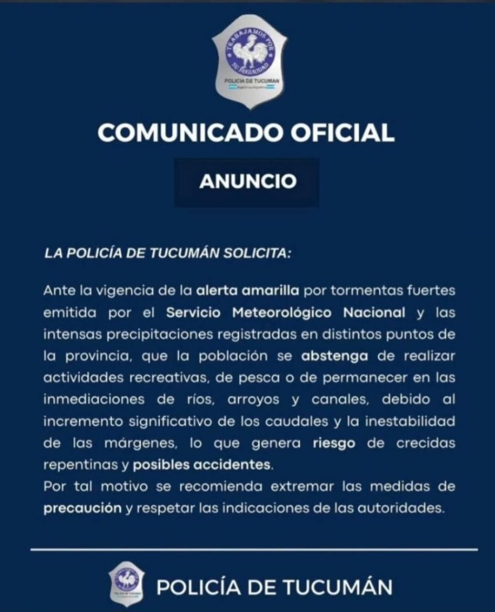 La Policía pidió evitar ríos y canales por las fuertes lluvias en Tucumán