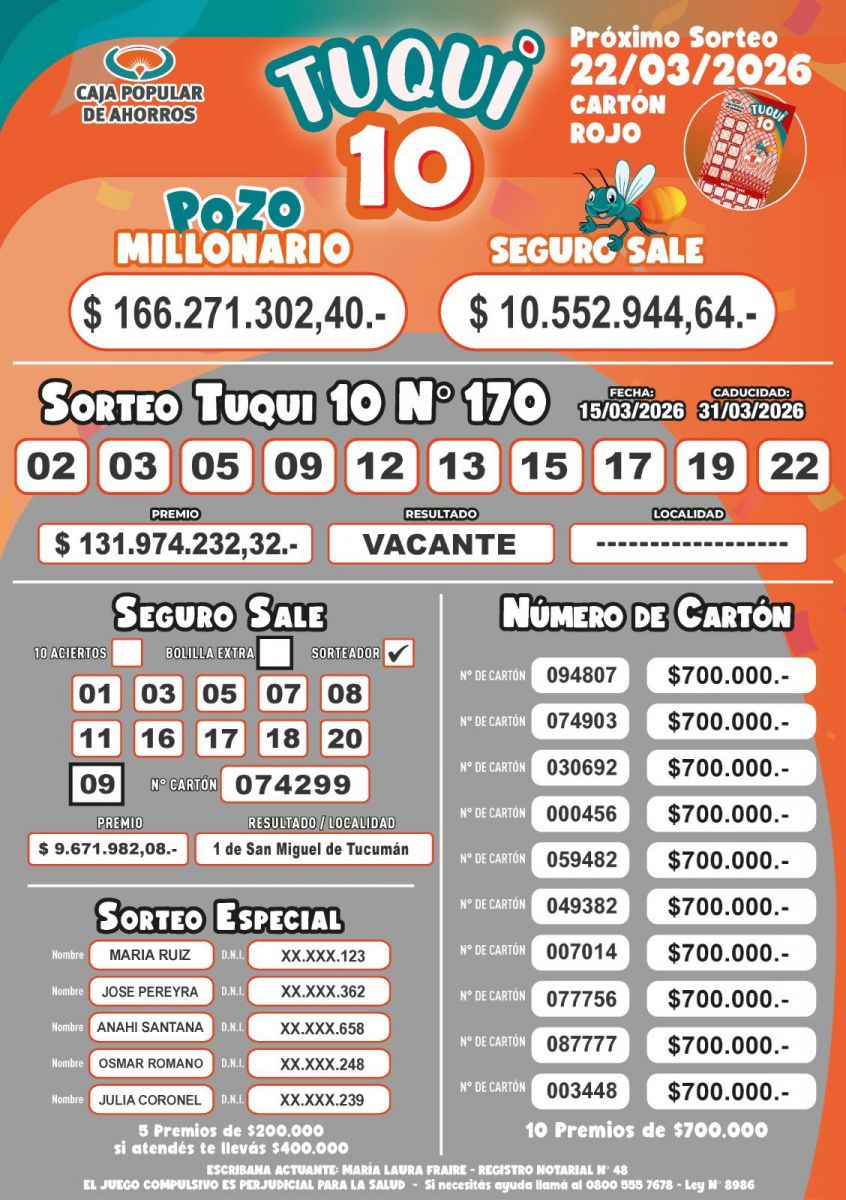 Tuqui 10: cómo salió el sorteo del 15 de marzo