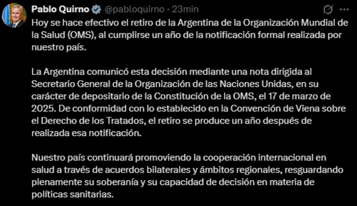 La Argentina formalizó su salida de la Organización Mundial de la Salud, a un año de la notificación oficial