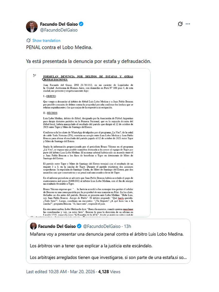 Denuncian al árbitro Lobo Medina por presunto arreglo de partido en la Primera Nacional