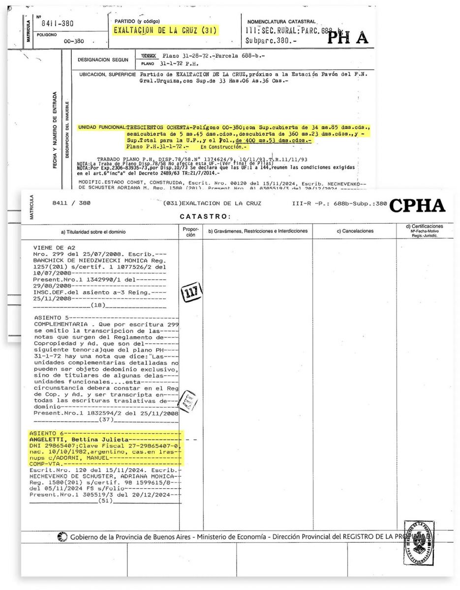 DOCUMENTACIÓN. El registro inmobiliario revela que la propiedad fue adquirida por Betina Angeletti.