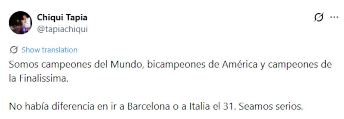 El desafiante mensaje de Chiqui Tapia a España tras la cancelación de la Finalissima