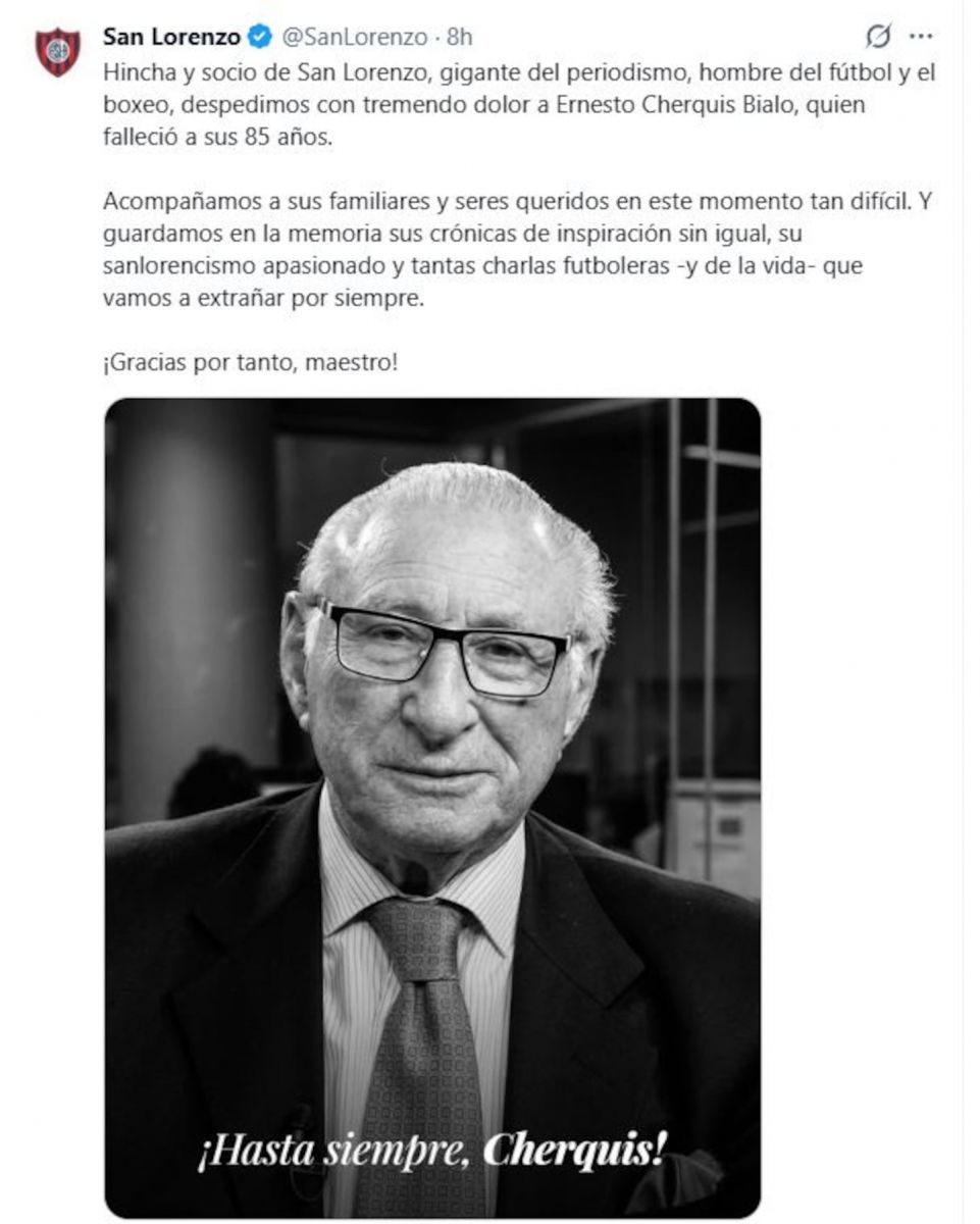 Socio e hincha apasionado: el sentido adiós de un club del fútbol argentino a Ernesto Cherquis Bialo