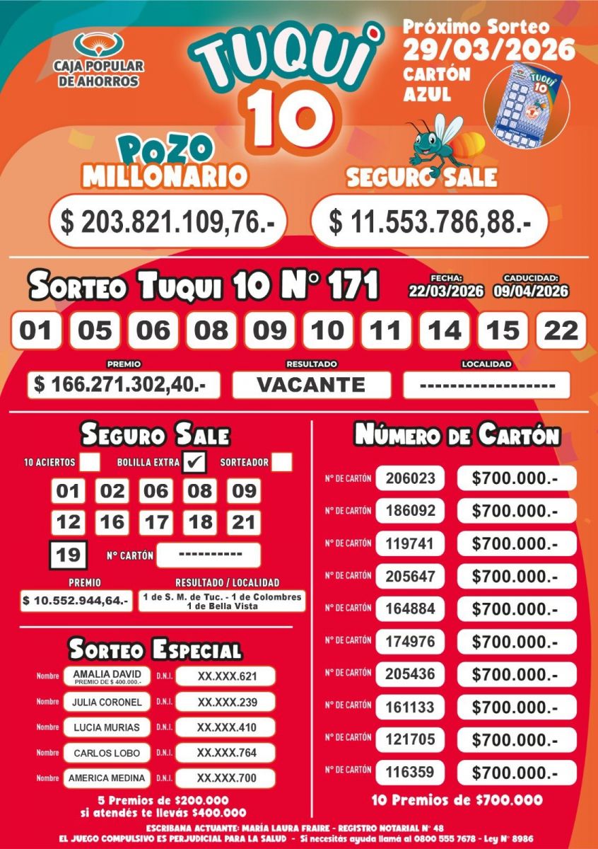 Tuqui 10: cómo salió el sorteo de este domingo 22 de marzo
