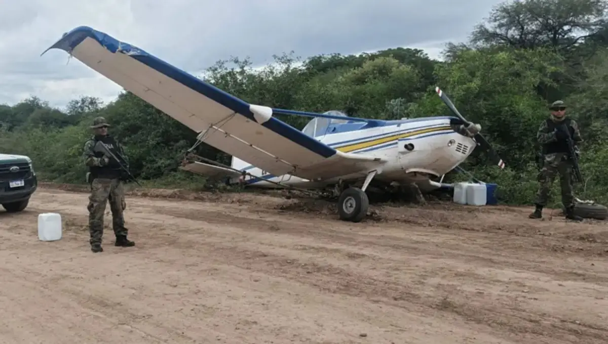 BAJO INVESTIGACIÓN. Gendarmes custodian la avioneta que aterrizó en el paraje San José del Boquerón, Santiago del Estero.