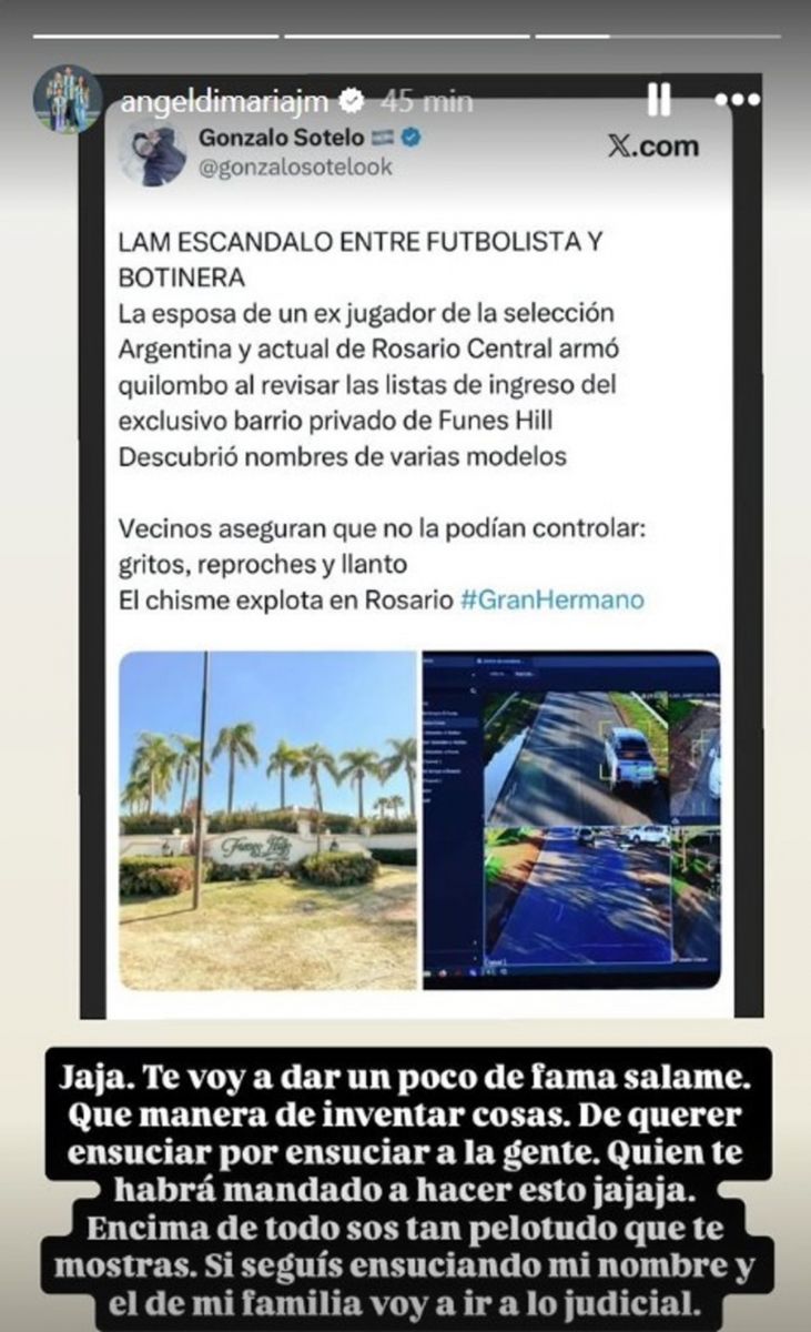 Di María explotó en redes por un rumor sobre su familia: Si seguís ensuciando mi nombre...