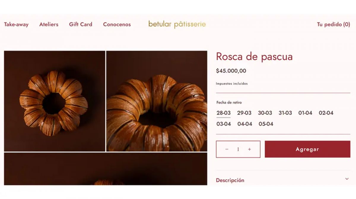 Costo de la Rosca de Pascua en la página web de Betular. 