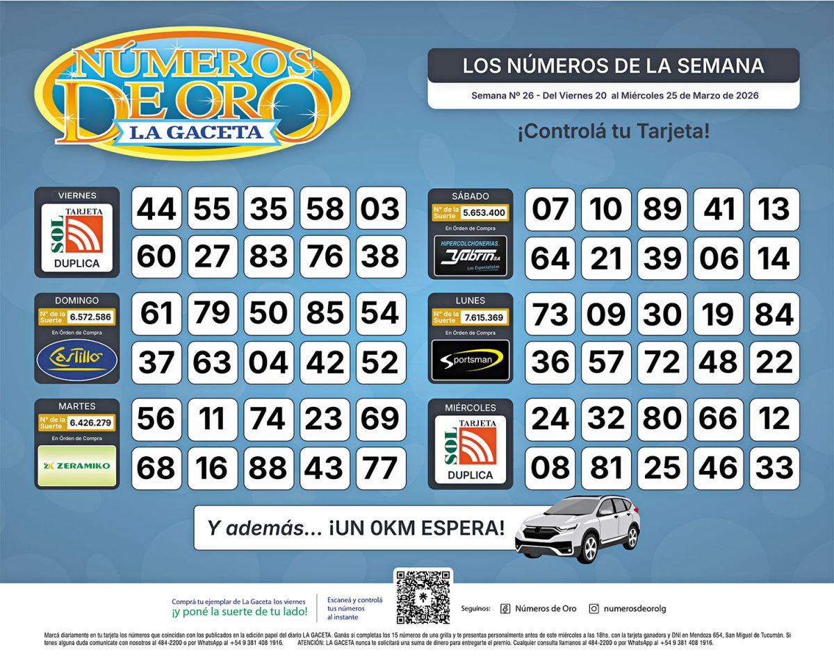 Esta es la grilla completa de los Números de Oro de LA GACETA del 25 de marzo de 2026
