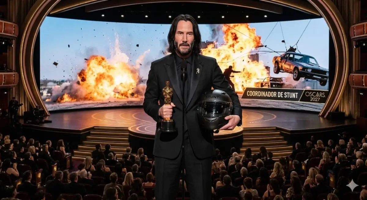 ¿SE DARÁ? El fotomontaje creado por IA muestra a Keanu Reeves, protagonista de la saga  de la saga de suspenso y acción cargada de escenas de riesgo que podría ser ganadora de la categoría.