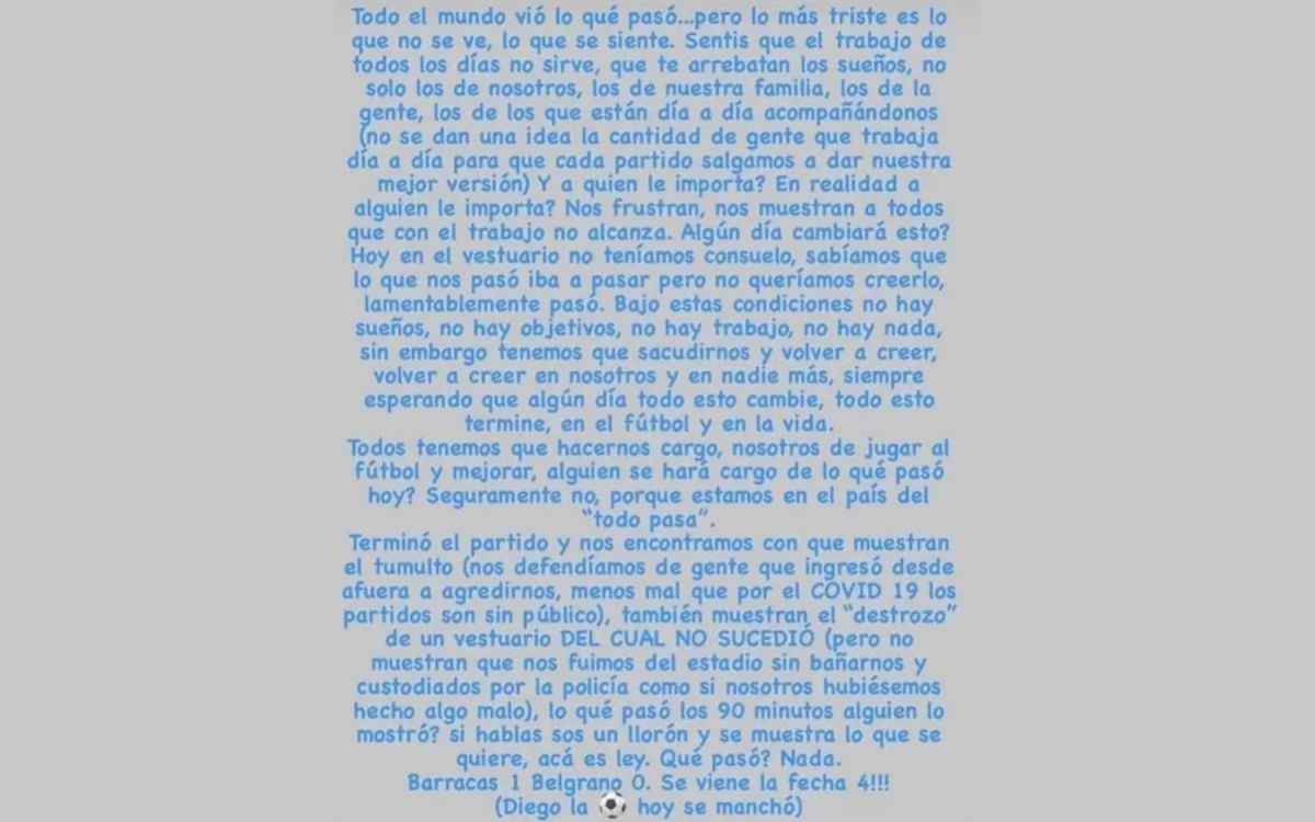 DESCARGO. Las palabras de Pablo Vegetti tras es el partido entre Barracas Central y Belgrano a través de sus redes sociales.