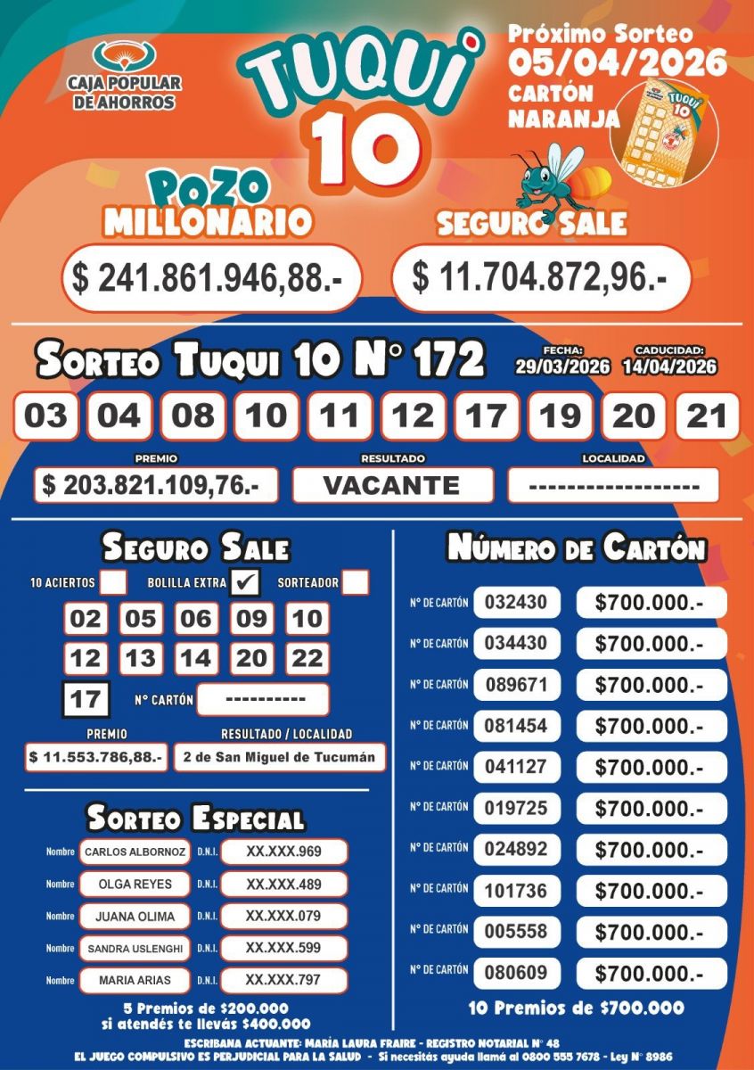 Tuqui 10: conocé los resultados del sorteo de este 29 de marzo