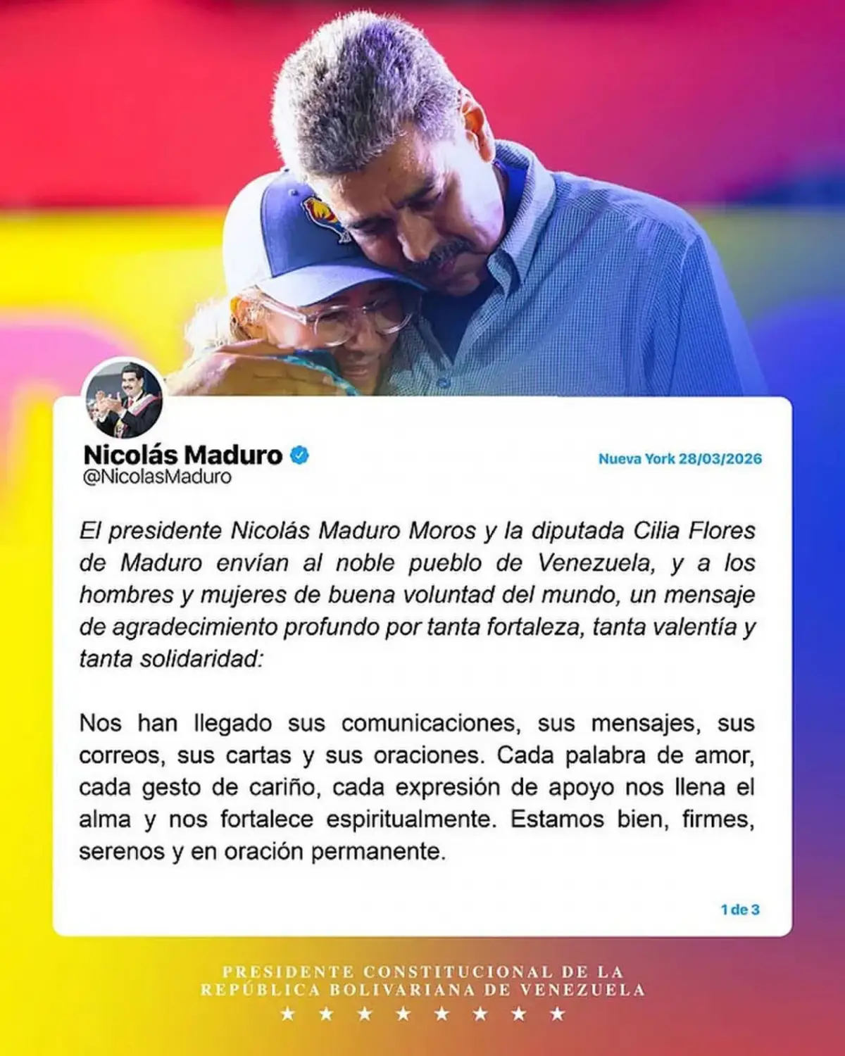 PUBLICACIÓN. El segundo mensaje de Maduro desde que fue capturado.