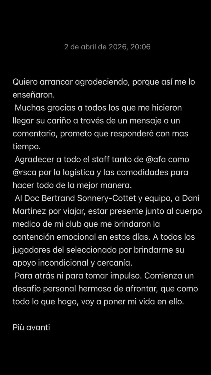 El emotivo posteo de Joaquín Panichelli tras ser operado de la lesión que lo sacó del Mundial 2026