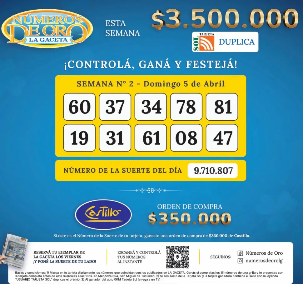 Los Números de Oro de LA GACETA del domingo 5 de abril de 2026