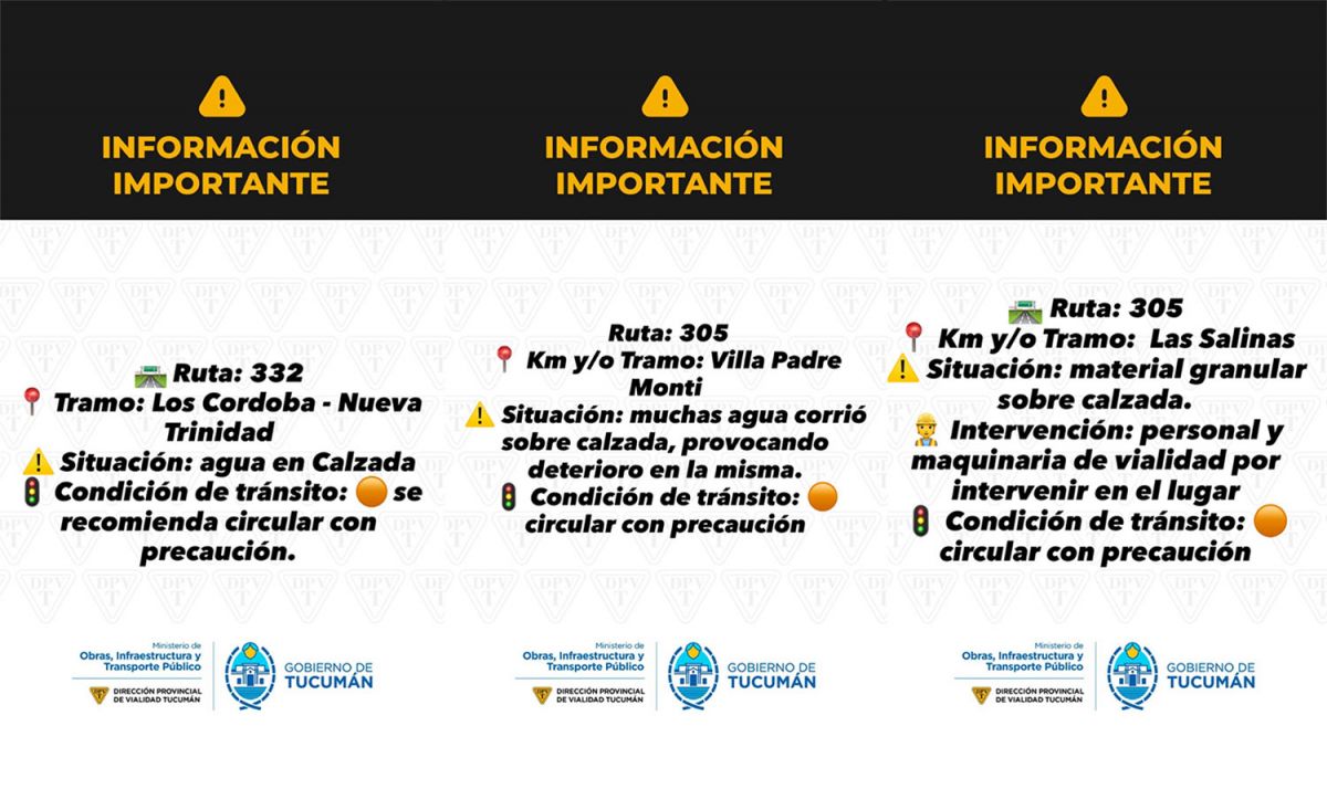 INFORME. Desde su cuenta de IG, el DPV actualiza los estados de las rutas de Tucumán.