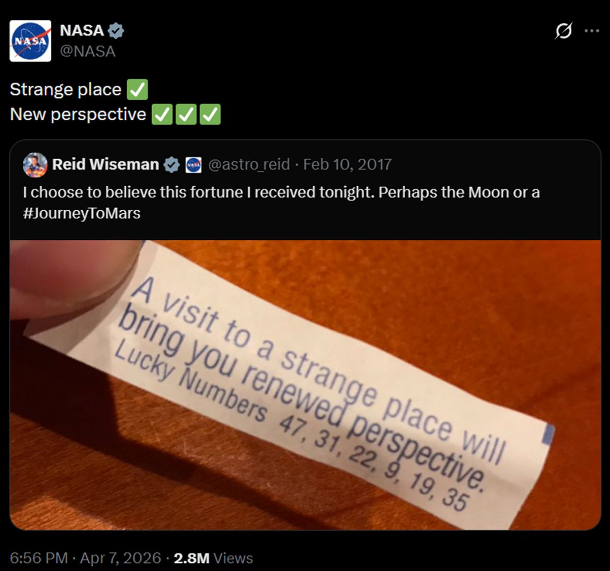 En 2017 una galleta de la fortuna predijo el viaje a la Luna del Artemis II y la NASA lo confirmó