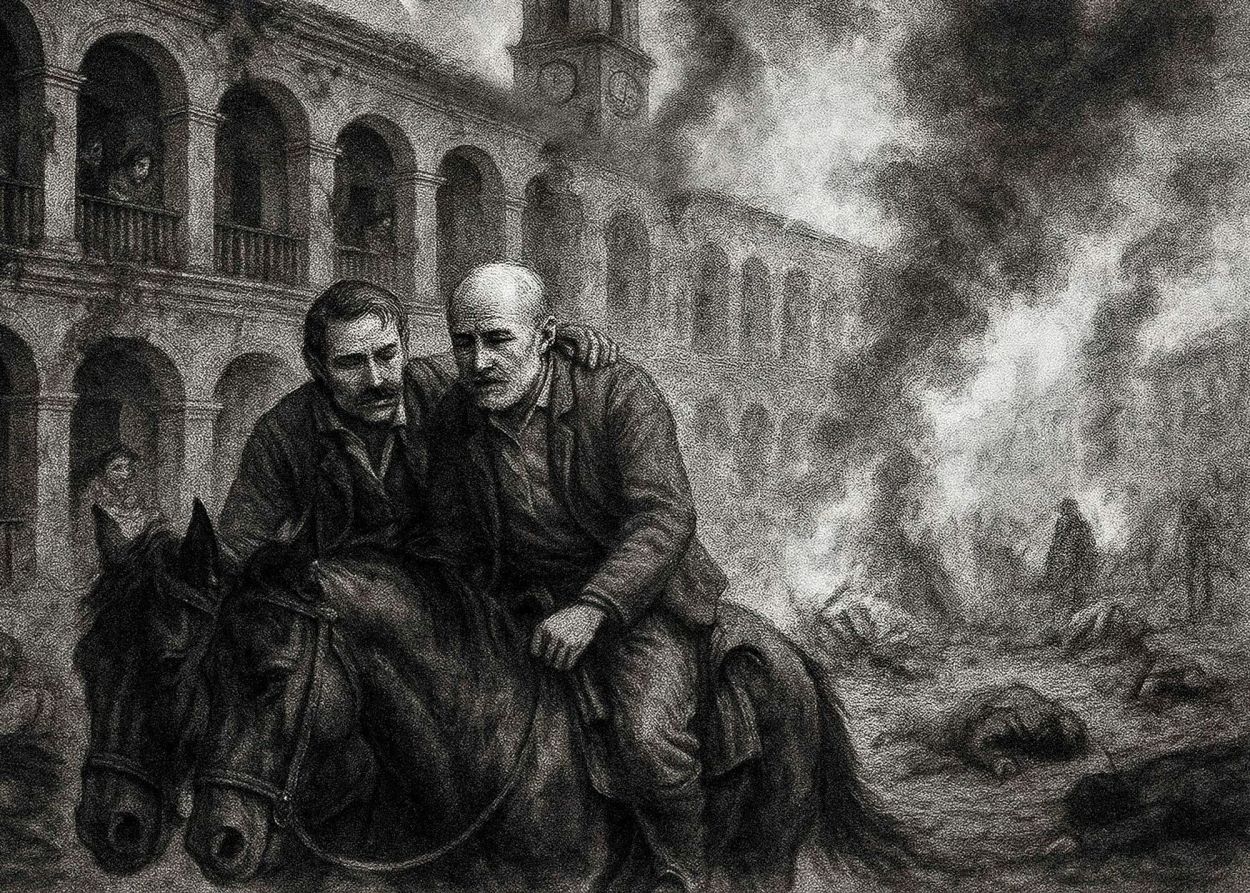 HERIDO. Manuel Posse es ayudado a retirarse por su primo Benjamín. Ilustraciones digitales A:BRA, creatividad aplicada