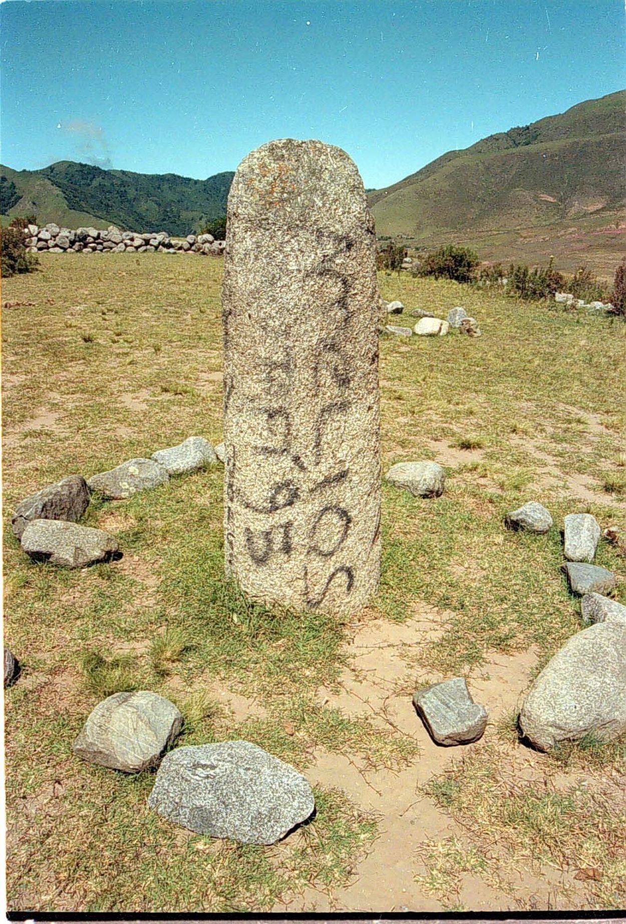 VANDALISMO. Una pequeña piedra dañada con pintura. En lo alto de la loma estaban abandonados. Esta foto es de 2002, poco antes del traslado a La Sala. 
