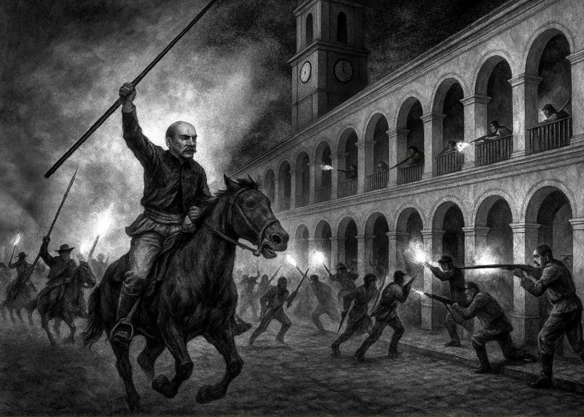 AL GALOPE. Imagen generada por Inteligencia Artificial del comandante José Ciriaco Posse cuando encabeza el ataque contra el Cabildo de Tucumán. dfdfdfdfdf