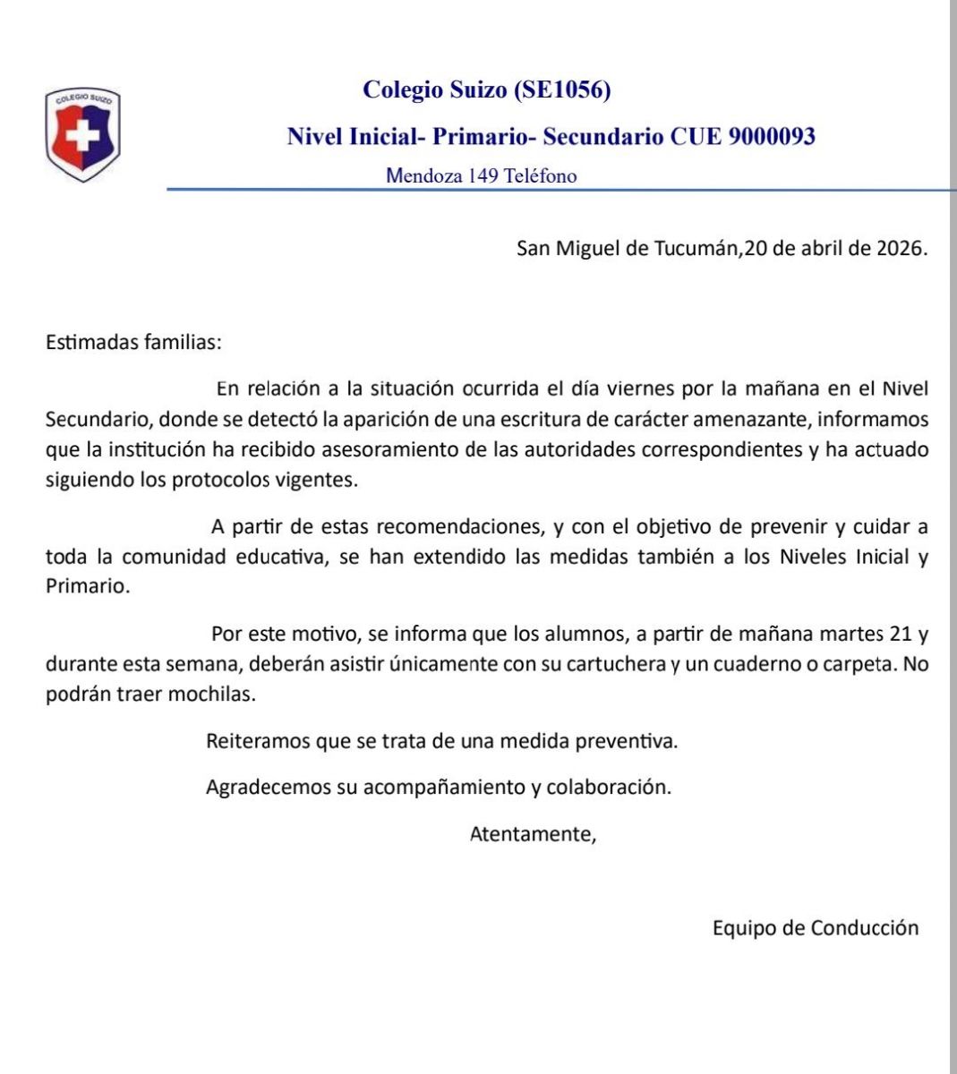 Amenazas de tiroteo: algunos colegios de Tucumán restringen el ingreso con mochilas