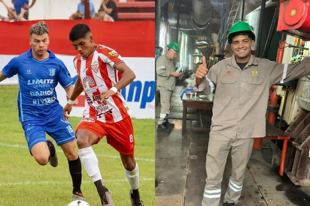 DOBLE JORNADA. A la izquierda, Nicolás Herrera traslada la pelota a máxima velocidad con la camiseta de Bella Vista; a la derecha, el volante se gana el pan de cada día en el ingenio de la ciudad.