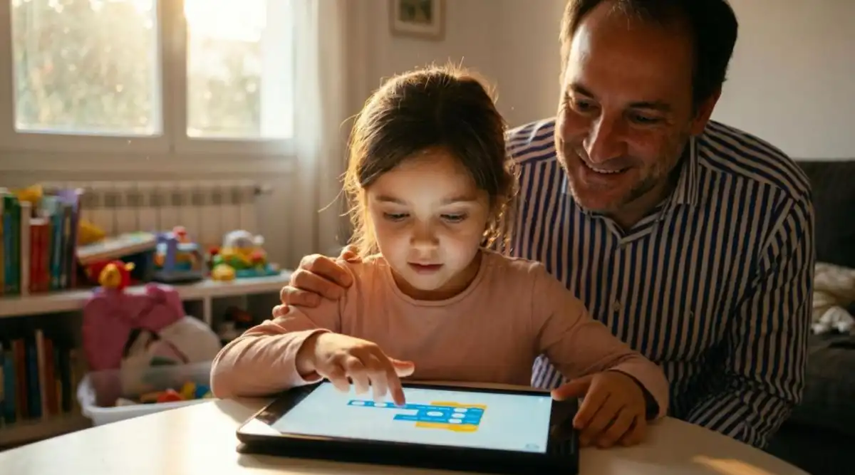 Fuente Nano Banana Pro: Niña junto a su padre aprendiendo Scratch JR.