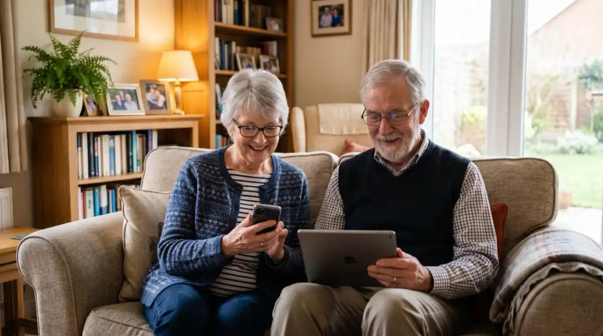 Dos adultos mayores interactuando con tecnología. Iustración realizada con inteligencia artificial