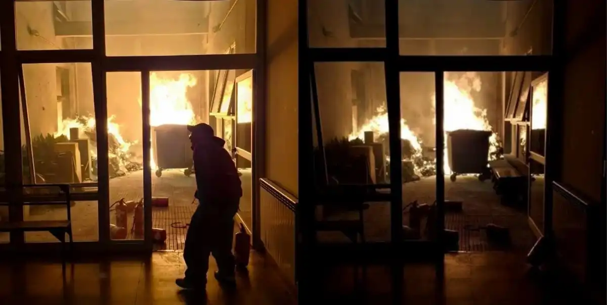 TENSIÓN EN LA UBA. El fuego empezó en contenedores dentro del edificio, generó una nube de humo y activó un operativo de emergencia en plena jornada universitaria. / UBA