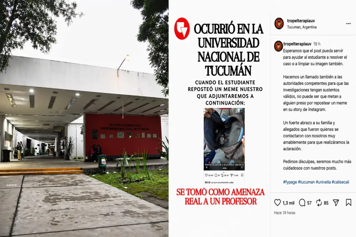 La Facultad de Psicología de la UNT, donde se originó la denuncia, y el comunicado de la página de Instagram