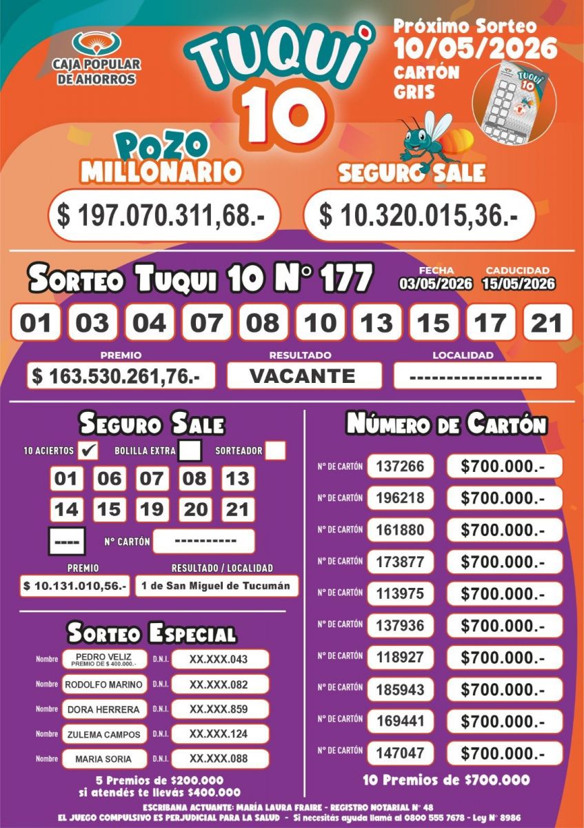 Tuqui 10: cómo salió el sorteo este domingo 3 de mayo