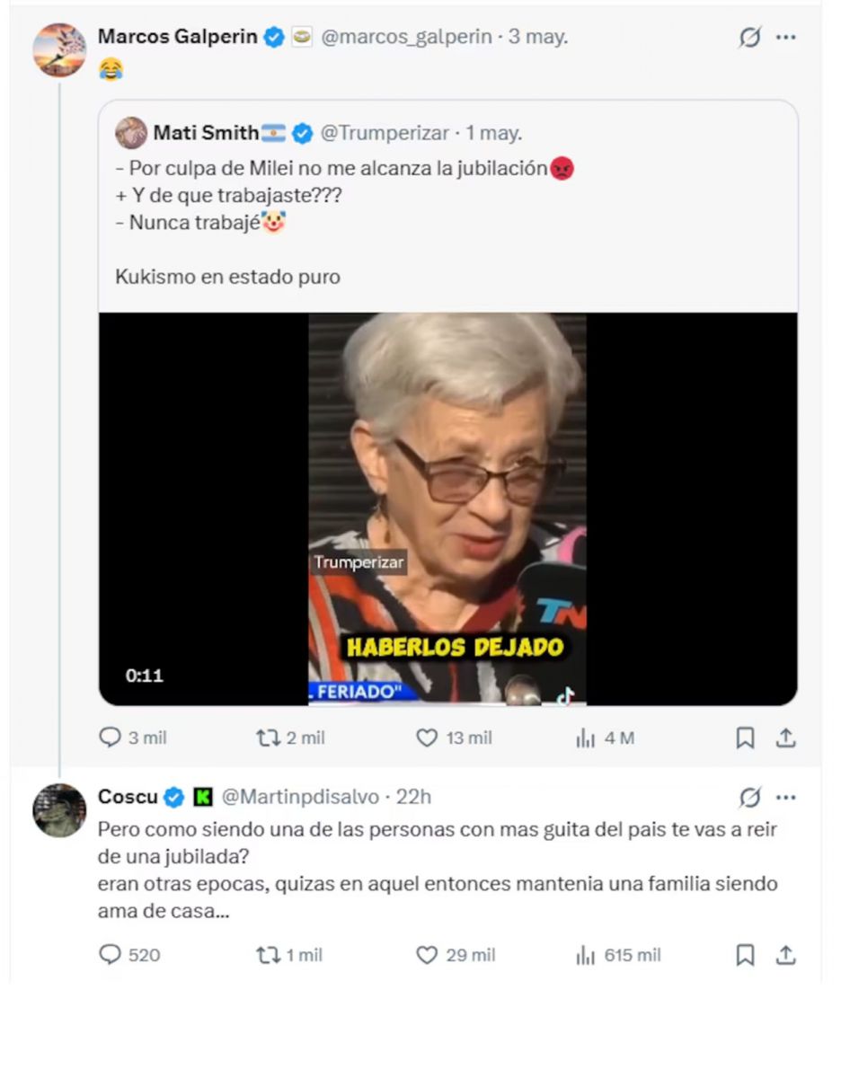 Coscu cruzó a Galperin: “La persona más rica del país riéndose de una jubilada a la que no le alcanza para los remedios”