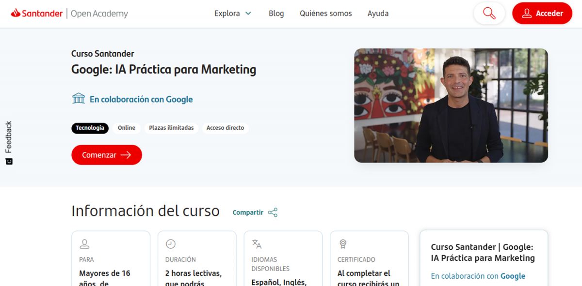 IA DE GOOGLE. Santander y Google se unieron para ofrecer una capacitación práctica en herramientas de inteligencia artificial aplicadas al marketing. / CAPTURA DE PANTALLA