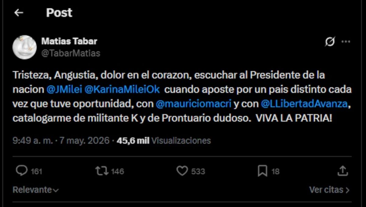 Tabar le respondió a Milei tras ser señalado como militante K: Tristeza, angustia y dolor