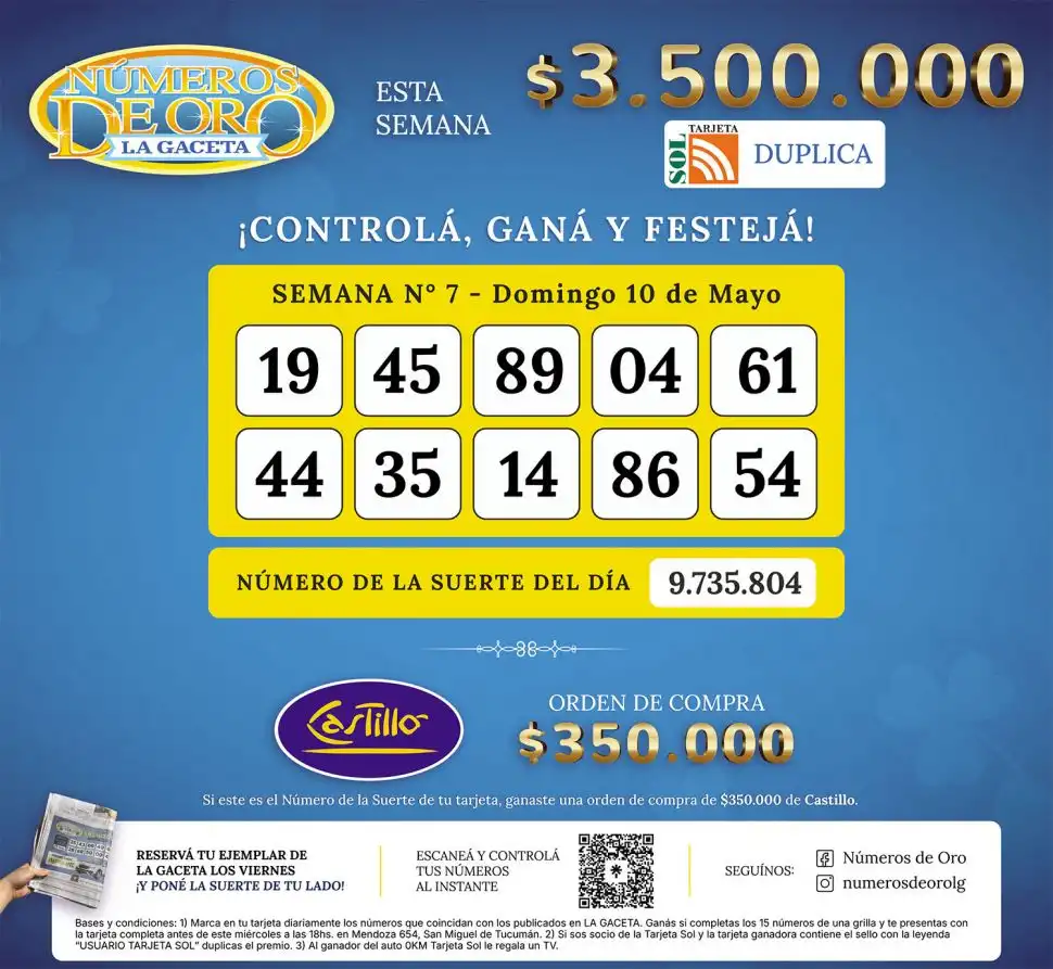 Los Números de Oro de LA GACETA del domingo 10 de mayo de 2026