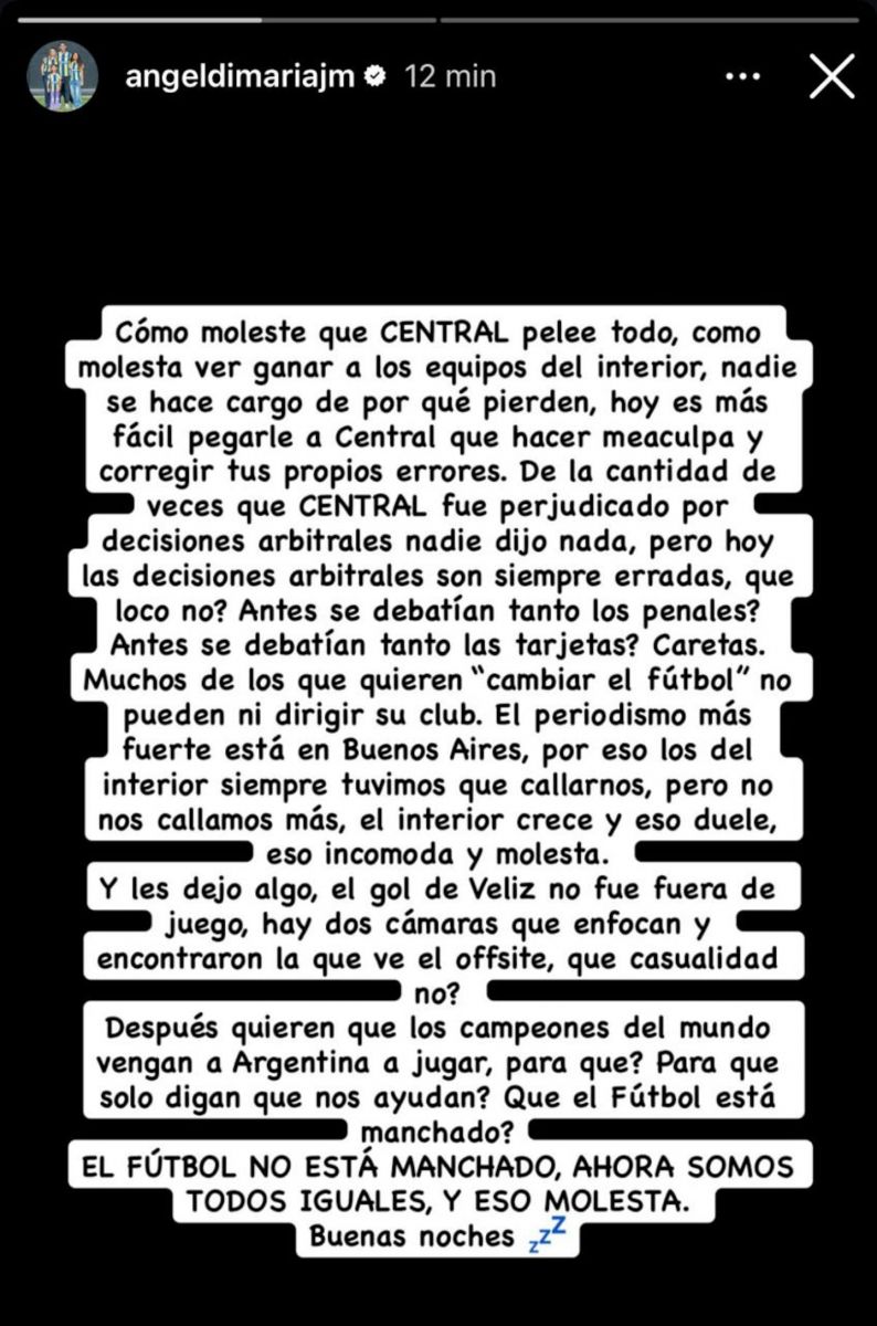 “Caretas”: el durísimo descargo de Ángel Di María tras los dichos de Milito sobre Rosario Central
