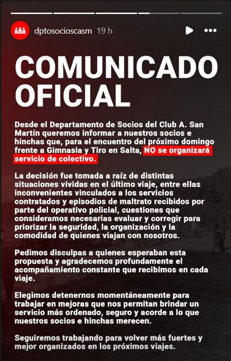 El comunicado del Dpto. de Socios.