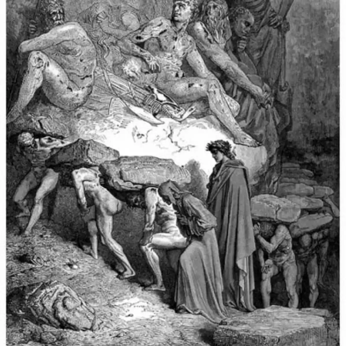 EL PESO DE LO REAL. En la colina de los soberbios, las almas caminan aplastadas por piedras, describe Dante.