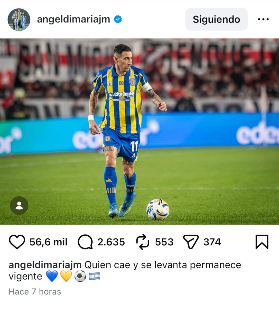 La contundente frase que publicó Ángel Di María después de la derrota de Central contra River