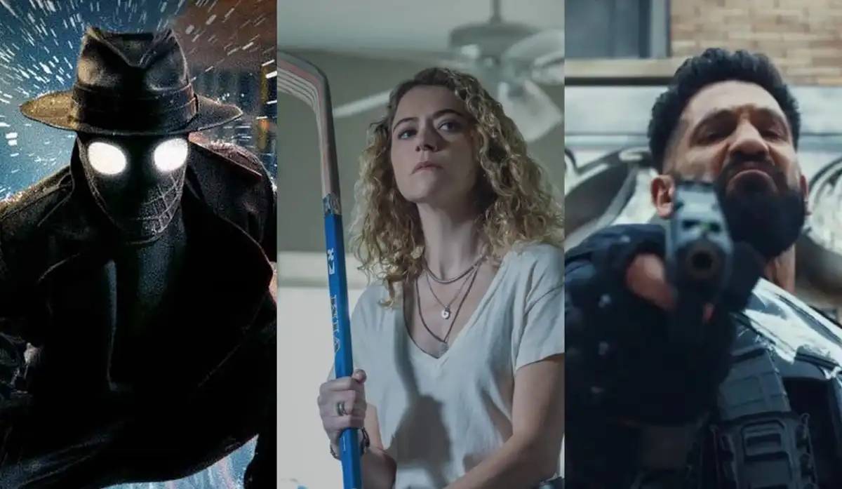 De izquierda a derecha: Spider-Noir, Maximum Pleasure Guaranteed y The Punisher: One Last Kill. Prime Video/Apple TV+/Disney+