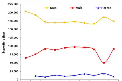 Evolución de la superficie en Tucumán con soja, maíz y poroto en la última década
