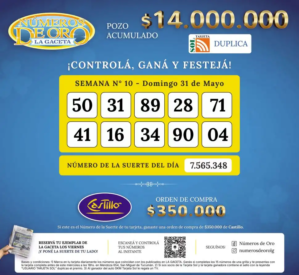 Los Números de Oro de LA GACETA del domingo 31 de mayo