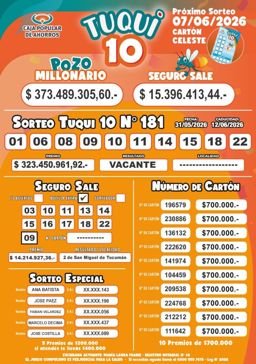 TUQUI 10. Todos los números sorteados. 